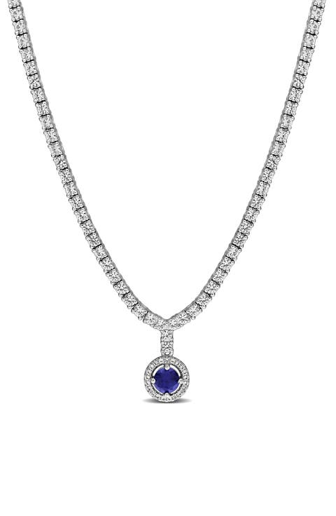 Sterling Silver Created Sapphire Tennis Necklace