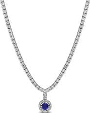 DELMAR Sterling Silver Created Sapphire Tennis Necklace