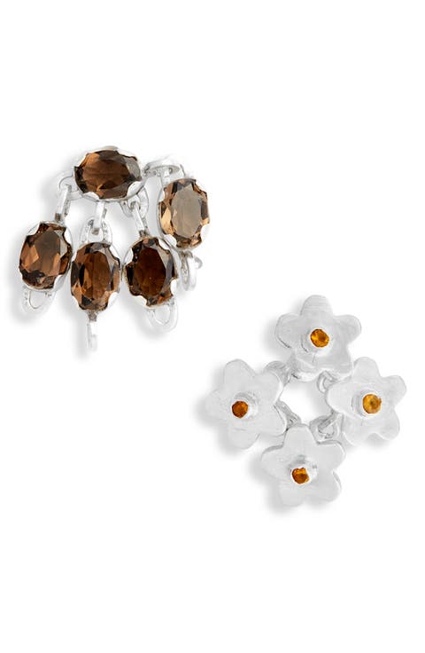 Flower & Leaf Cluster Mismatched Stud Earrings