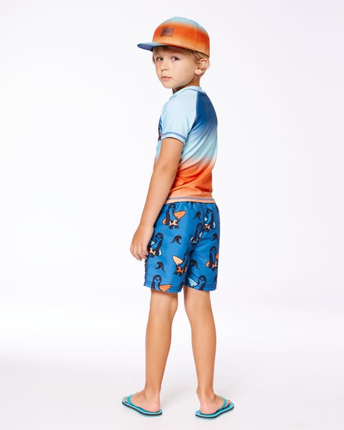 Deux Par Deux Boy's Printed Swim Trunks Orange Sloths On Navy Blue In Orange Sloths On Navy Blue