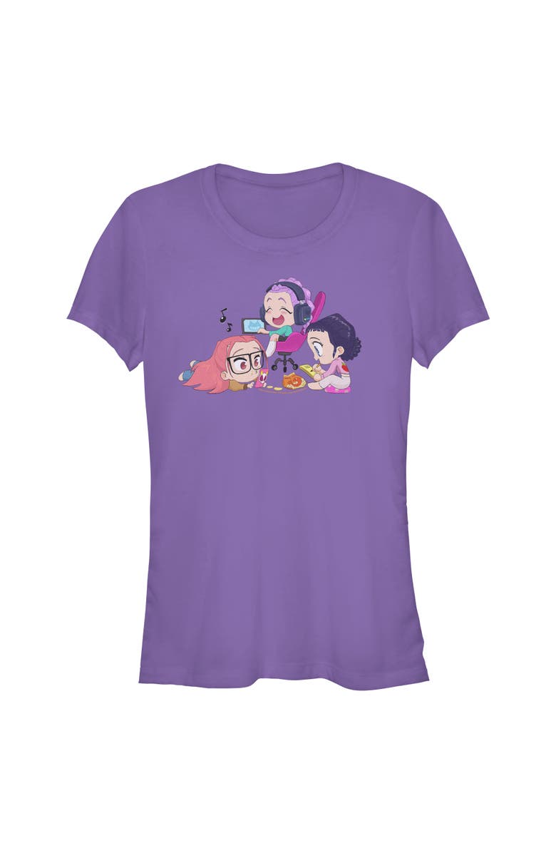 KPop Demon Hunters Junior's KPop Demon Hunters Chibi Girls Playing Graphic T-Shirt, Main, color, Purple