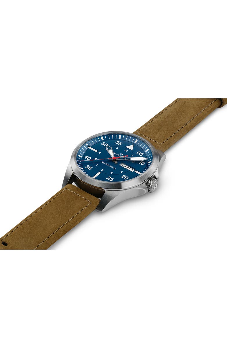 Hamilton Khaki Aviation Pilot Automatic Leather Strap Watch, 42mm, Alternate, color, Blue