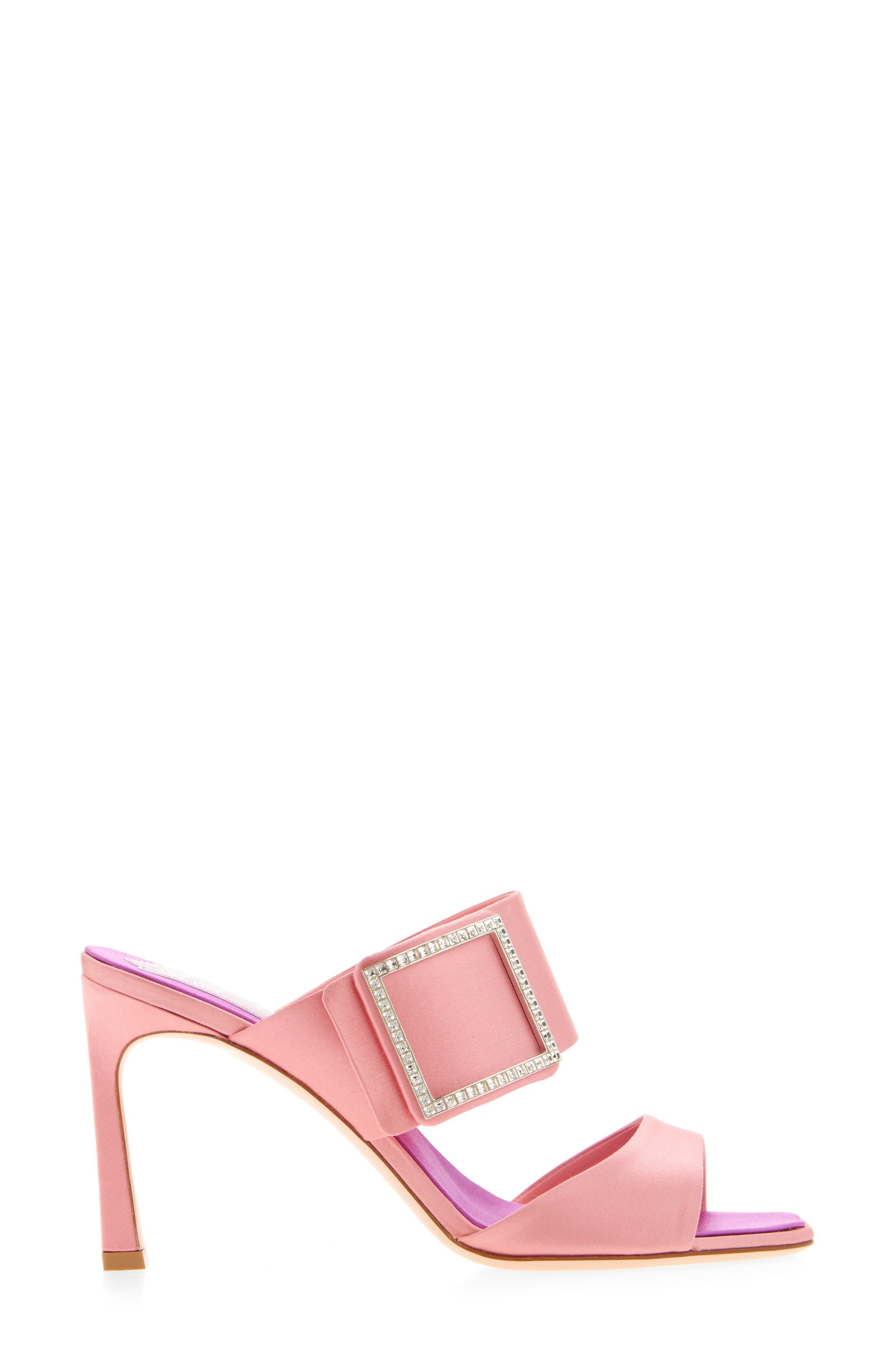 Roger Vivier Trompette Crystal Buckle Satin Sandal, Alternate, color, Rosa Antico Chiaro