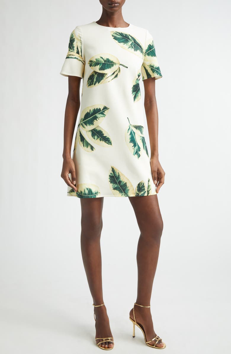 Oscar de la Renta Ficus Leaves Wool Blend Shift Dress, Main, color, Green/ Ivory