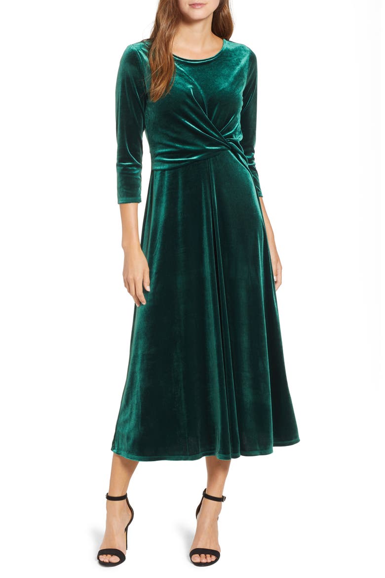 Velvet Midi Dress, Main, color, HUNTER