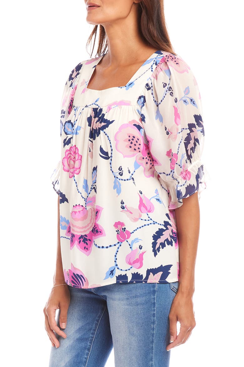 Print Ruffle Cuff Square Neck Top, Alternate, color, IVORY PRINT