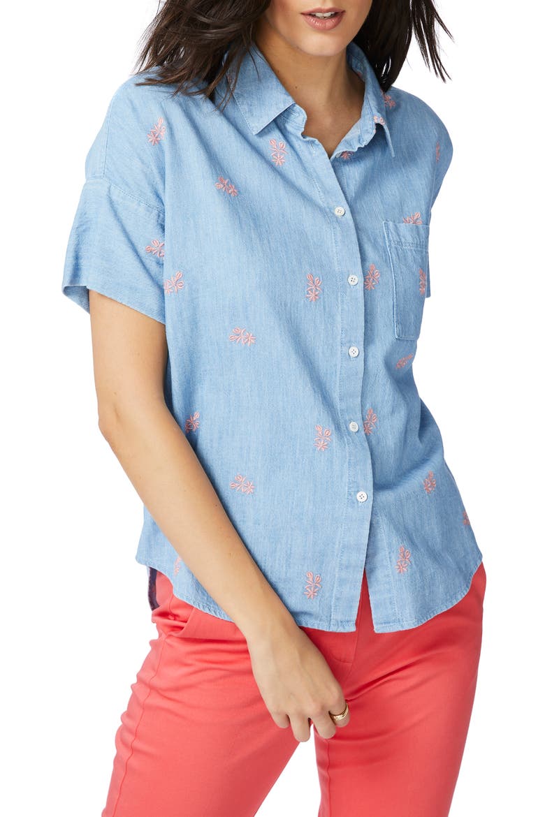 Embroidered Short Sleeve Cotton Chambray Shirt, Main, color, ROMEO BLUE