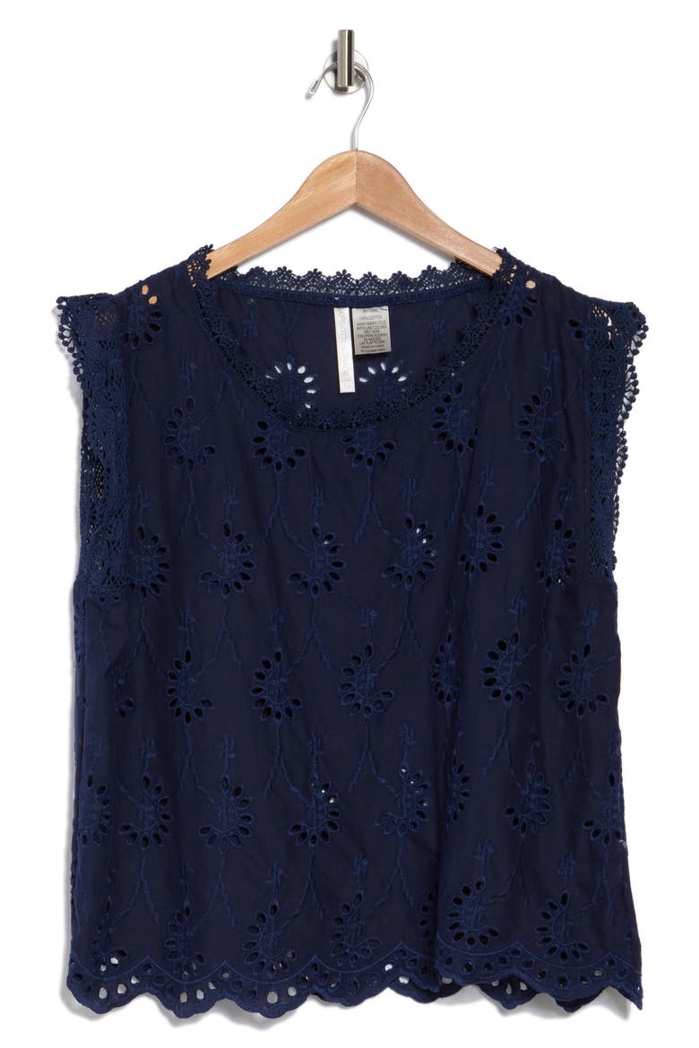 Lace Trim Embroidered Eyelet Blouse, Alternate, color, NAVY