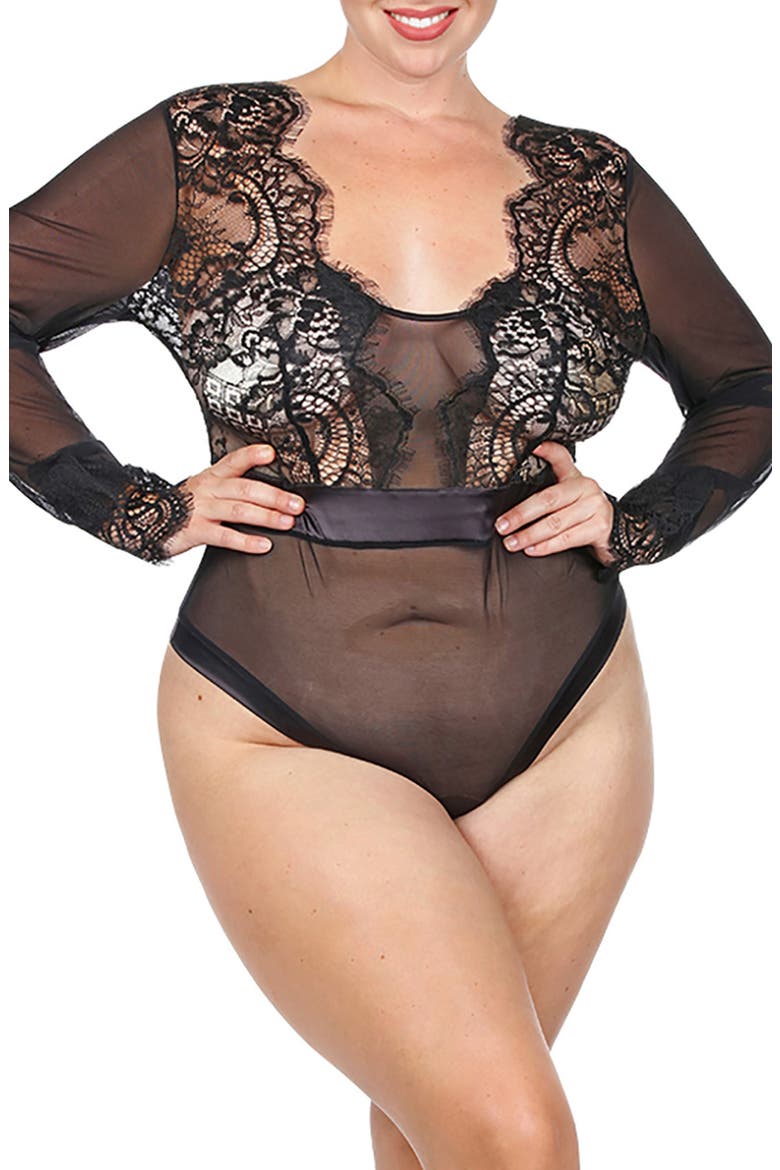 Josephine Long SLeeve Thong Bodysuit, Alternate, color, BLACK