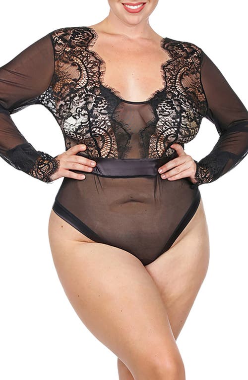 Memoi Josephine Long Sleeve Thong Bodysuit In Black