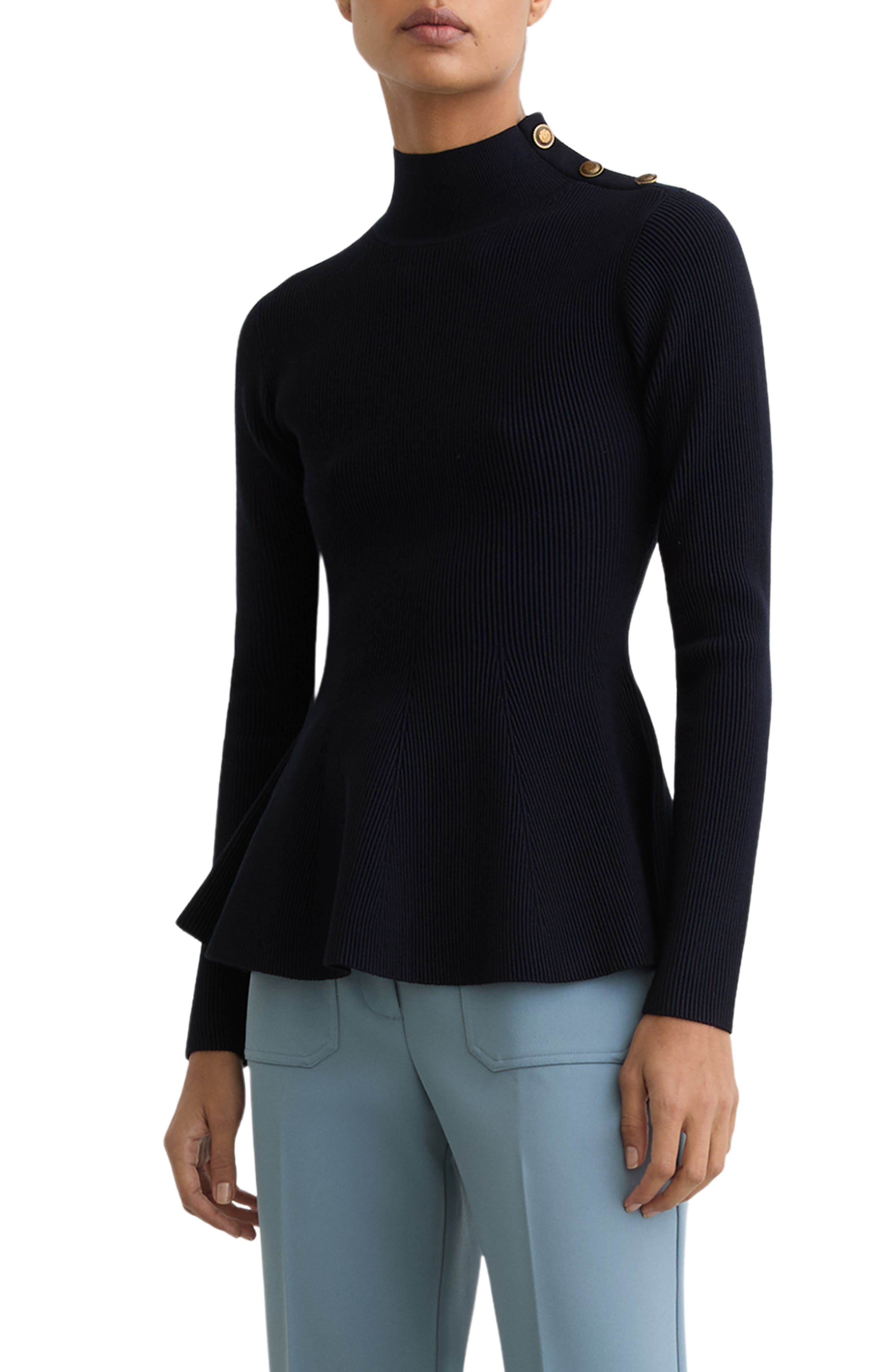 Reiss Isabella Rib Mock Neck Peplum Top In Blue