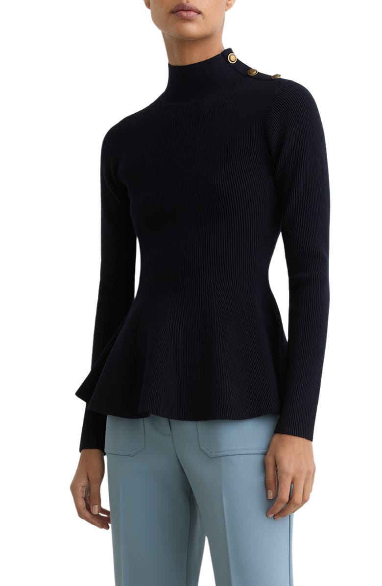 Reiss Isabella Rib Mock Neck Peplum Top, Main, color, Navy