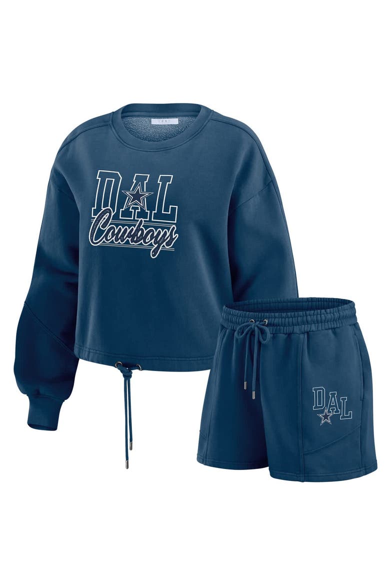 Women's WEAR by Erin Andrews Navy Dallas Cowboys Washed Fleece Long Sleeve T-Shirt & Shorts Lounge Set, Main, color, Navy