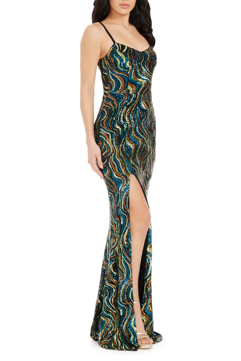 Tori Sequin Mermaid Gown, Alternate, color, TEAL MULTI