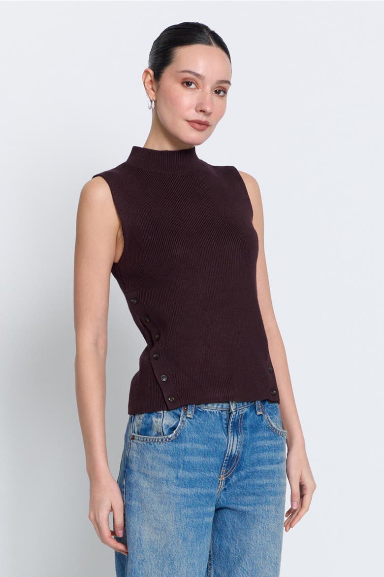 Birch Sleeveless Turtleneck With Button Detail, Alternate, color, CHOCOLATE