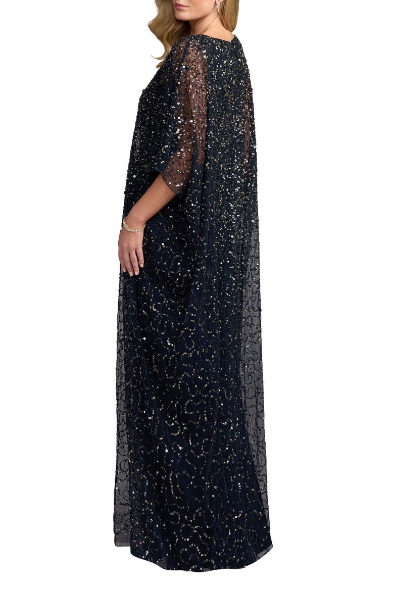 Beaded Mesh Kaftan Evening Gown with Round Neck, Alternate, color, Midnight Gold