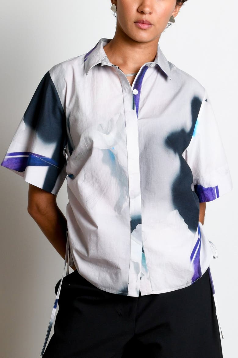 Ties Adjustable Short Sleeve Button-Down Top, Alternate, color, Shadow Iris Ivory