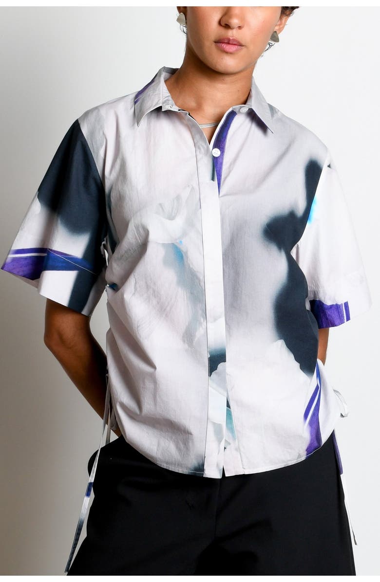 Untitled in Motion Ties Adjustable Short Sleeve Button-Down Top, Alternate, color, Shadow Iris Ivory