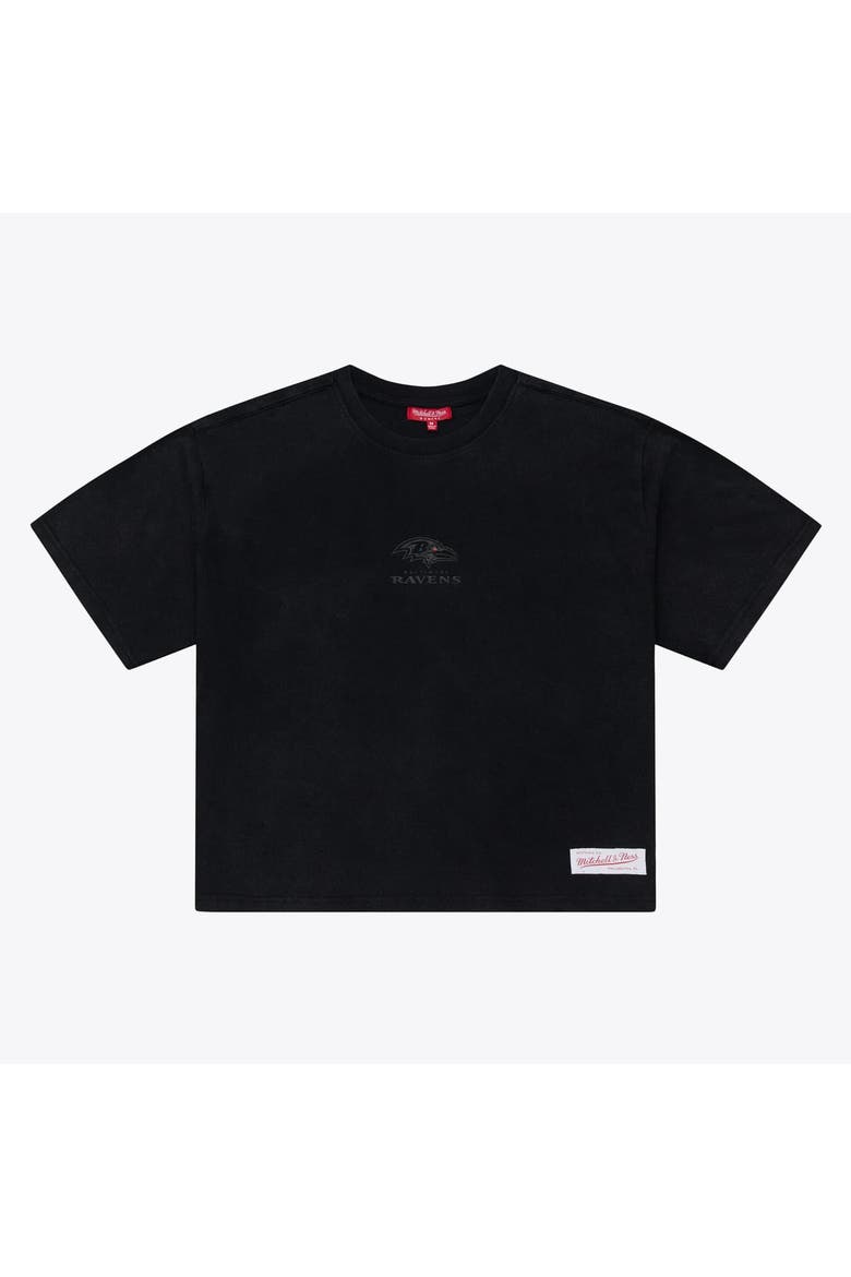 Women's Mitchell & Ness Black Baltimore Ravens Core Essentials Micro Logo Boxy Crop T-Shirt, Alternate, color, Black