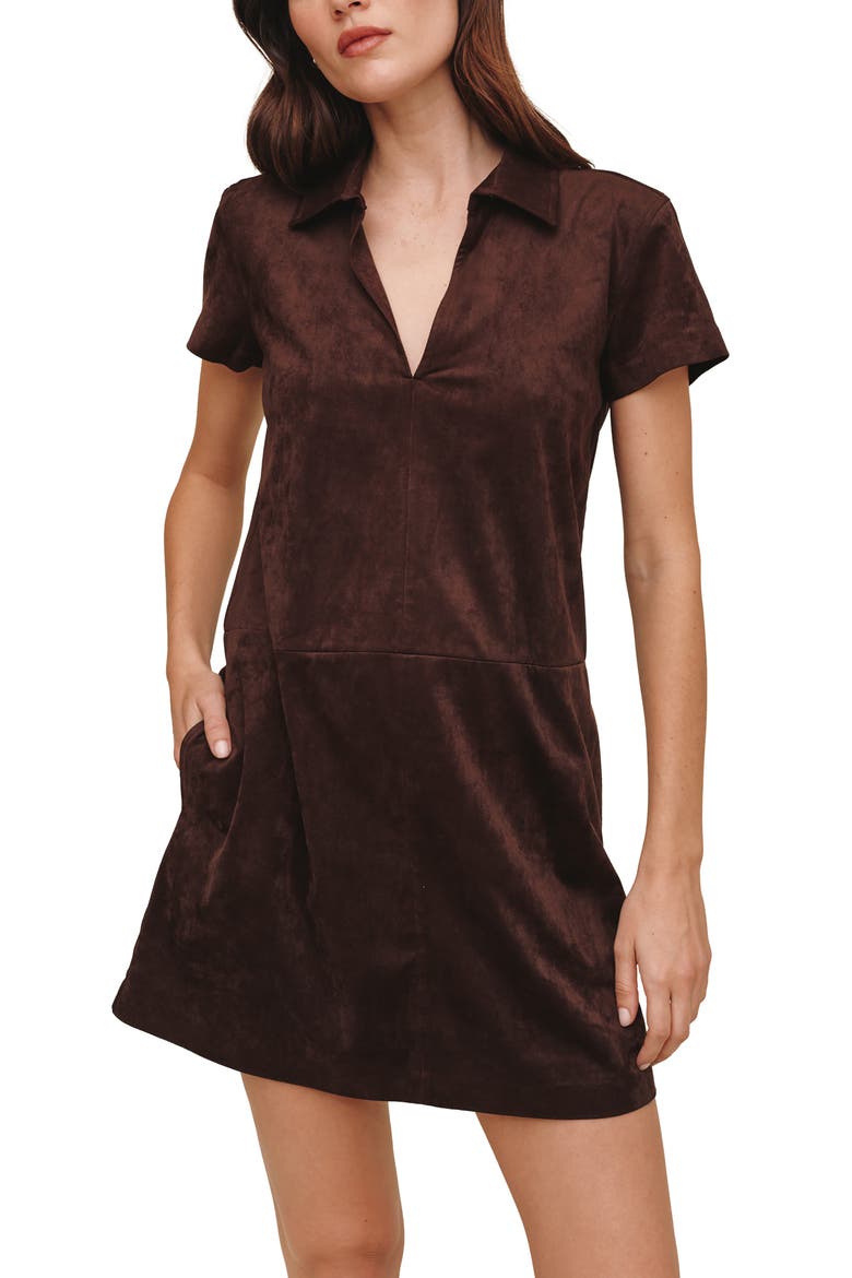Faux Suede Short Sleeve Dress, Alternate, color, DARK ROAST