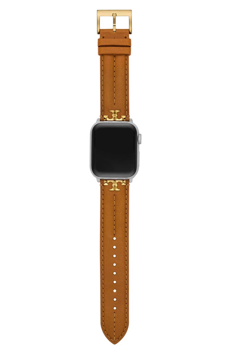Tory Burch The Kira Leather 20mm Apple Watch<sup>®</sup> Watchband, Alternate, color, Brown