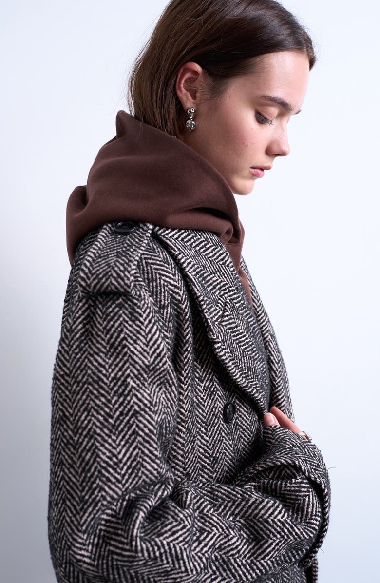 Topshop Belted Herringbone Longline Coat, Alternate, color, Black Multi