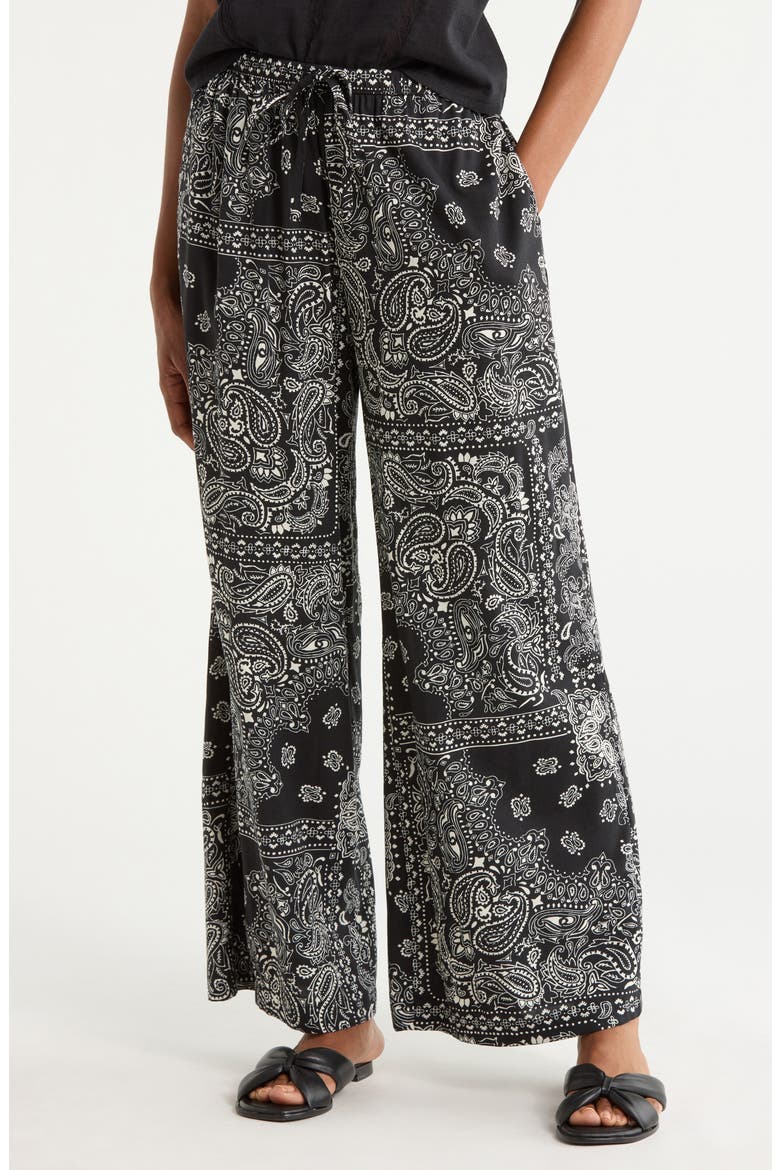 Summer Print Wide Leg Pants, Main, color, BLACK- IVORY BANDANA CITY