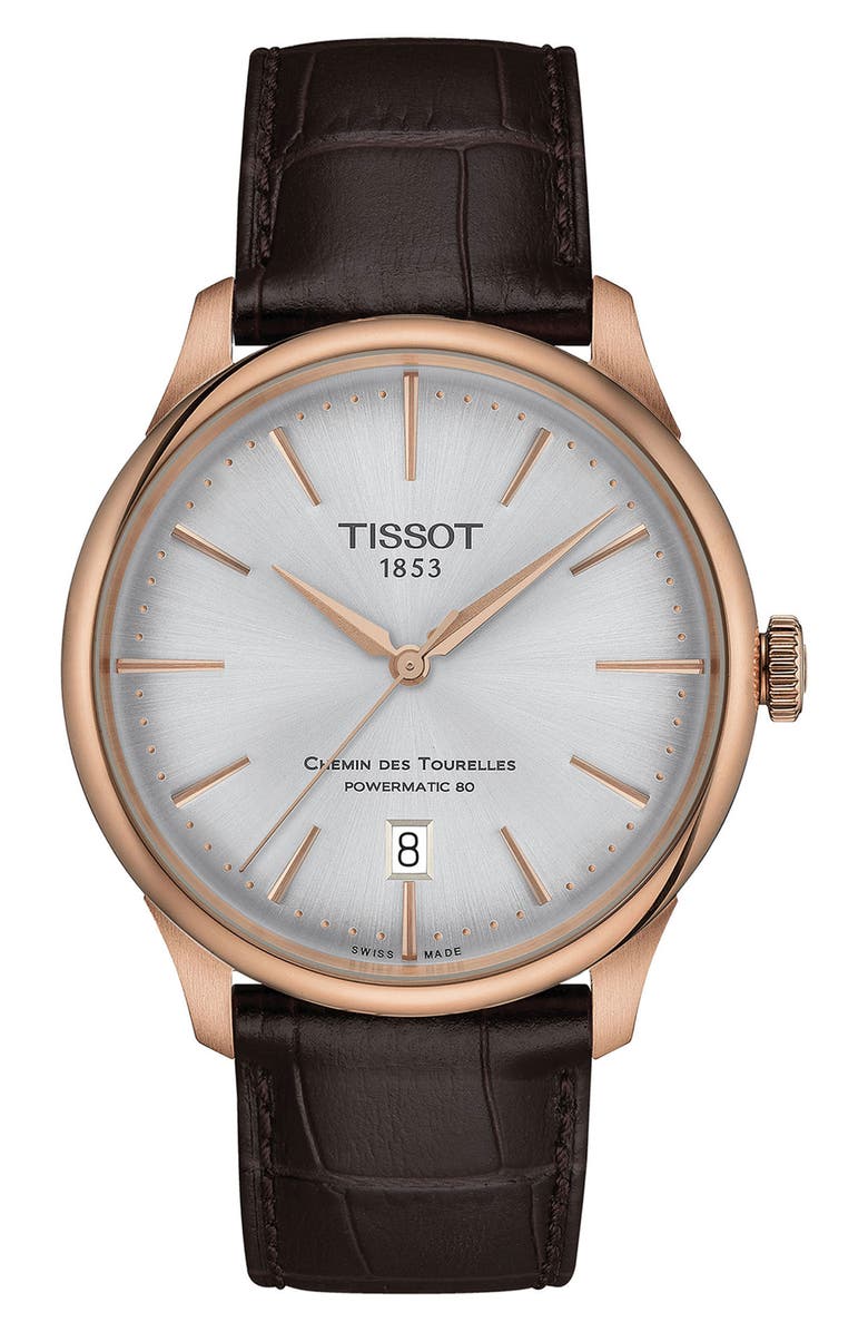 Tissot Chemin des Tourelles Powermatic 80 Leather Strap Watch, 39mm, Main, color, Dark Brown
