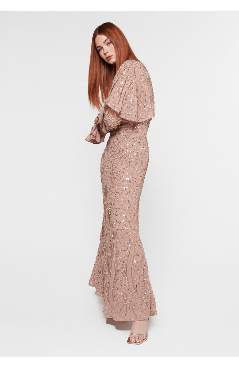 MARYISA Occasion Modest Embellished Sequin Beaded Evening Maxi Dress, Alternate, color, Taupe Blush