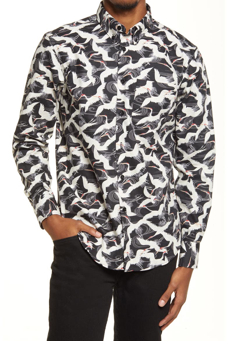Easy Slub Crane Cotton Button-Down Shirt, Main, color, BLACK