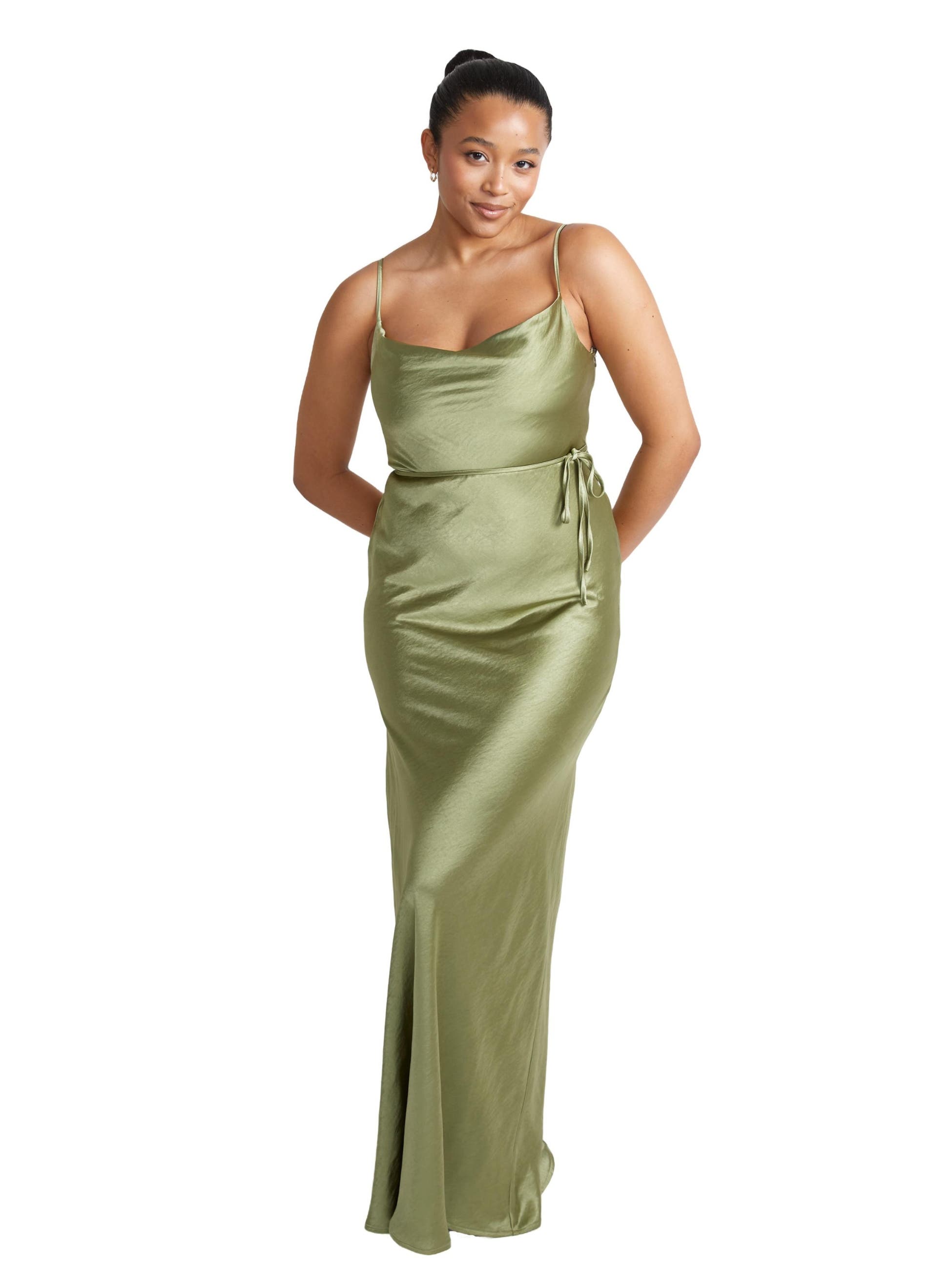 Six Stories Cami Cowl Front Satin Bridesmaid Dress in Moss Green 