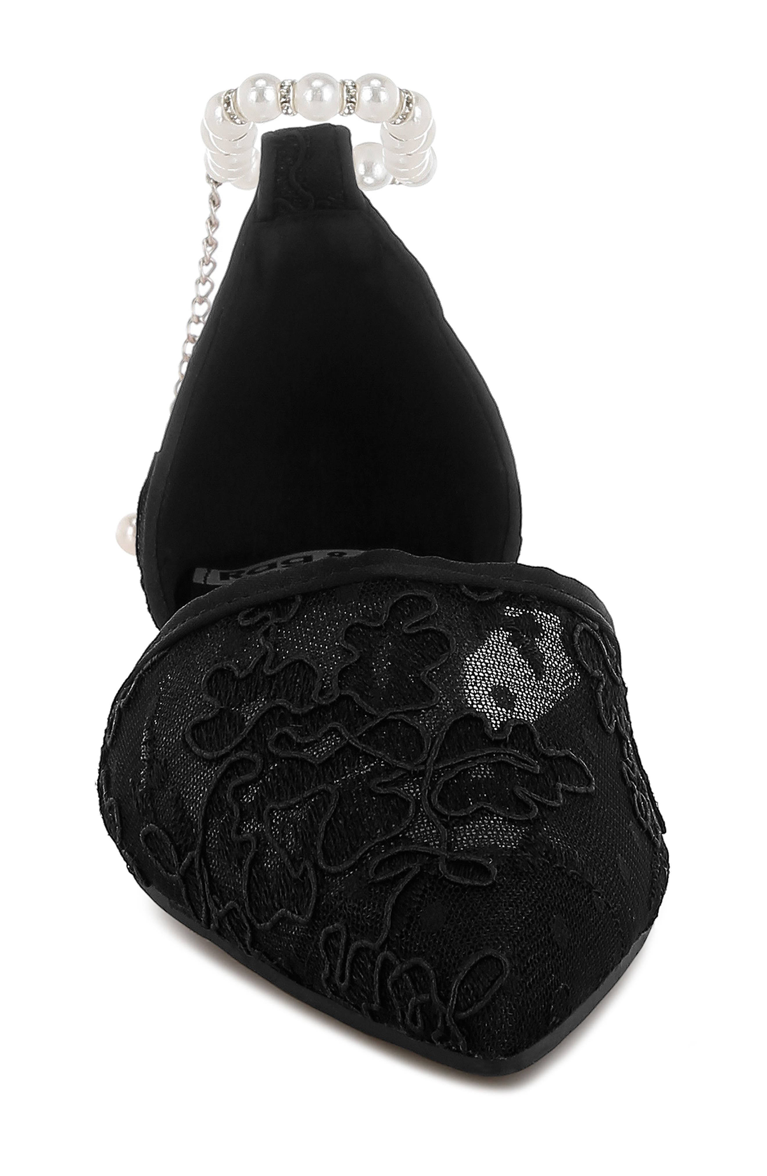 Rag & Co Seymor Faux Pearl Tie Strap Lace Flat, Alternate, color, Black