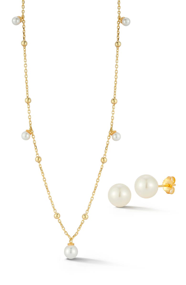 GLAZE JEWELRY 8mm Cultured Pearl Stud & 4–6.5mm Cultured Pearl Station Necklace Set, Main, color, Gold