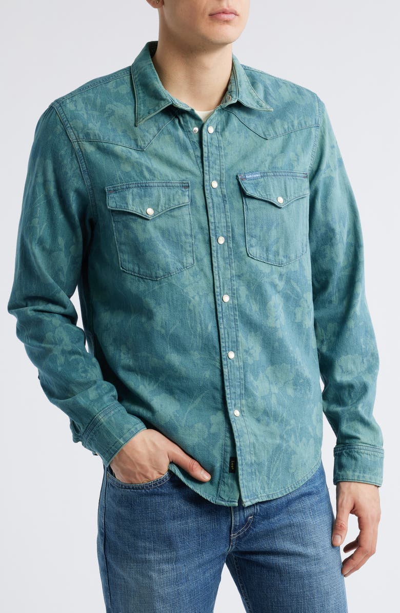 Paul Smith + Lee Floral Cotton Denim Western Snap-Up Shirt, Alternate, color, Light Greyish Green