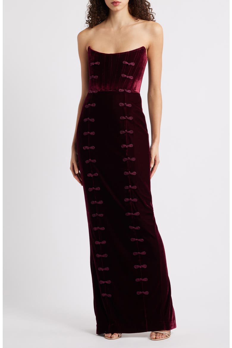 Vesper Strapless Velvet Gown, Main, color, BORDEAUX
