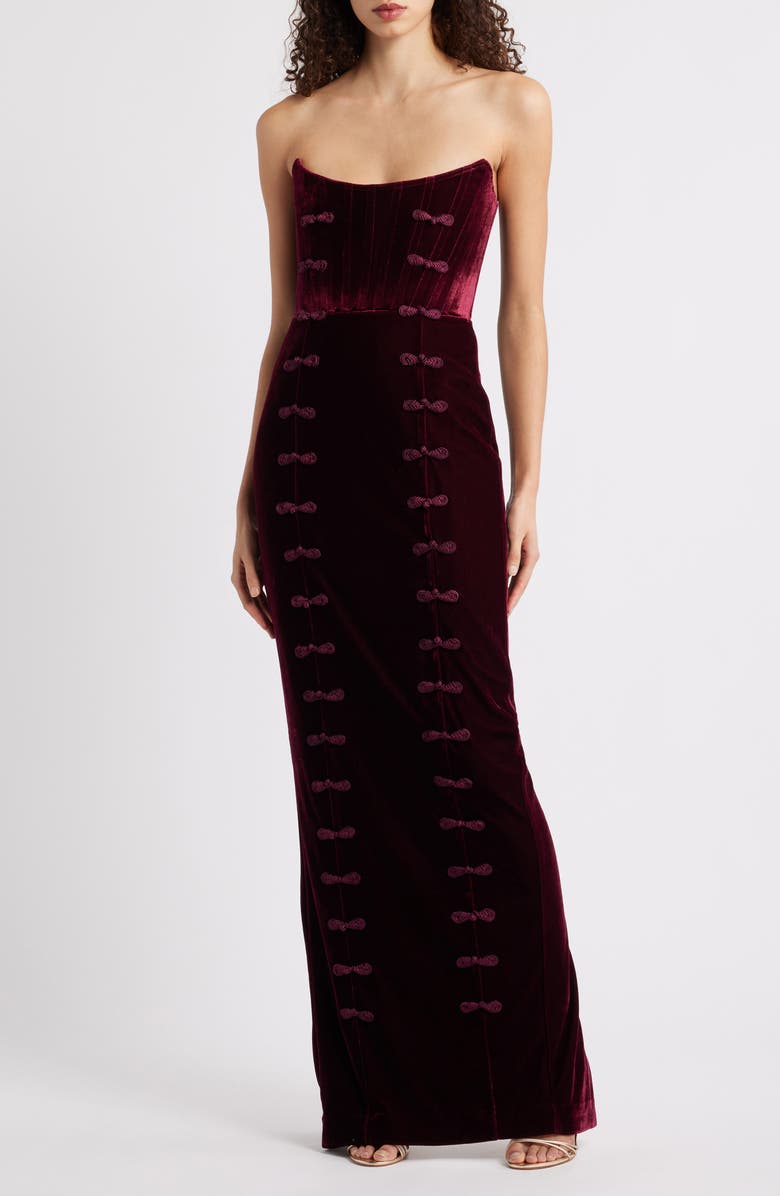 SAU LEE Vesper Strapless Velvet Gown, Main, color, Bordeaux