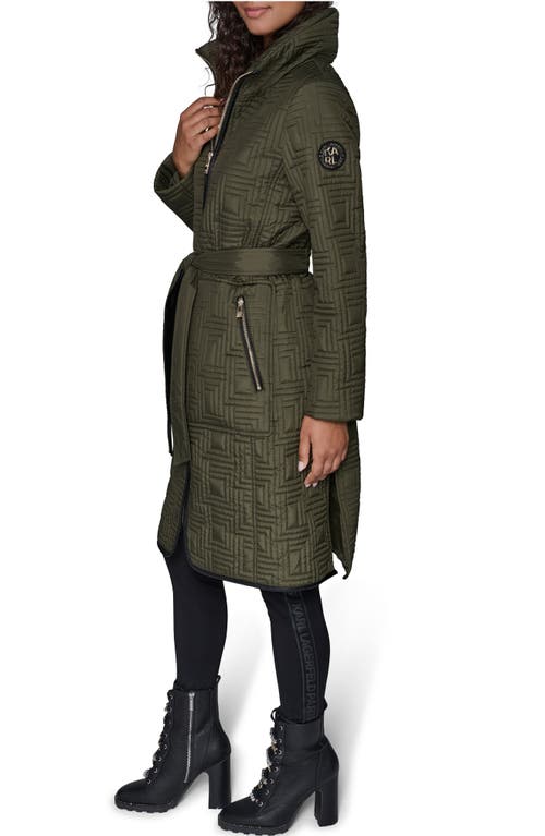 Karl Lagerfeld Paris Hooded Belted Quilted Zip Jacket In Green