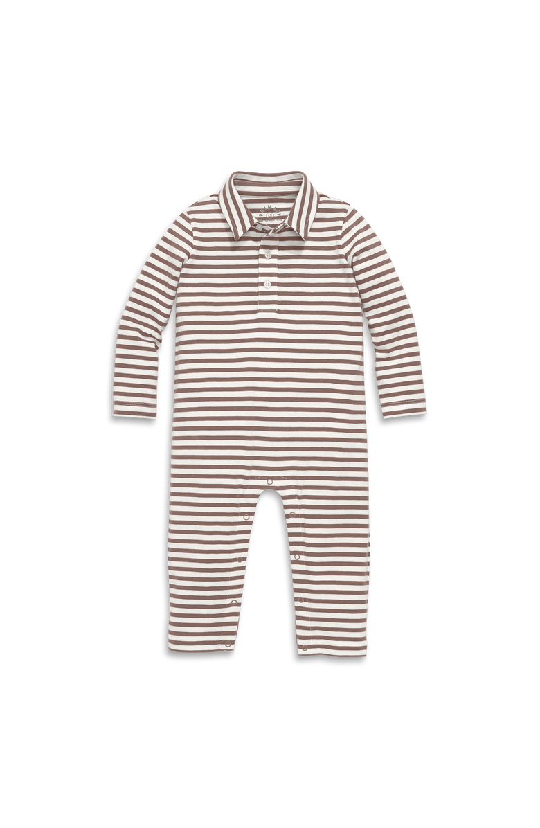 Primary Baby Long Sleeve Polo Romper In Mini Stripe, Main, color, Ivory Acorn Stripe