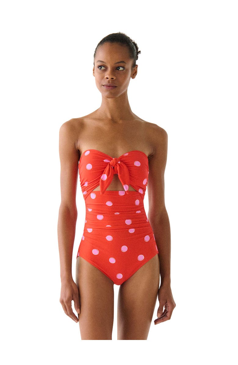 Kate Spade New York Downtown Dot Bandeau One Piece Swimsuit, Main, color, Goji Berry
