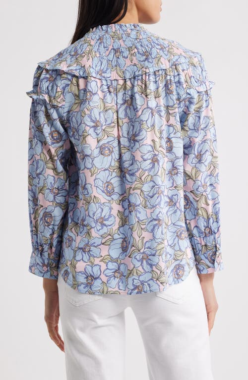Wit & Wisdom Floral Print Smocked Yoke Button-up Top In Rose Bloom/blue Crush Multi