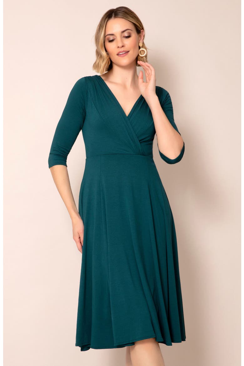 Annie V-Neck 3/4 Sleeve Midi Dress, Alternate, color, Pine Green