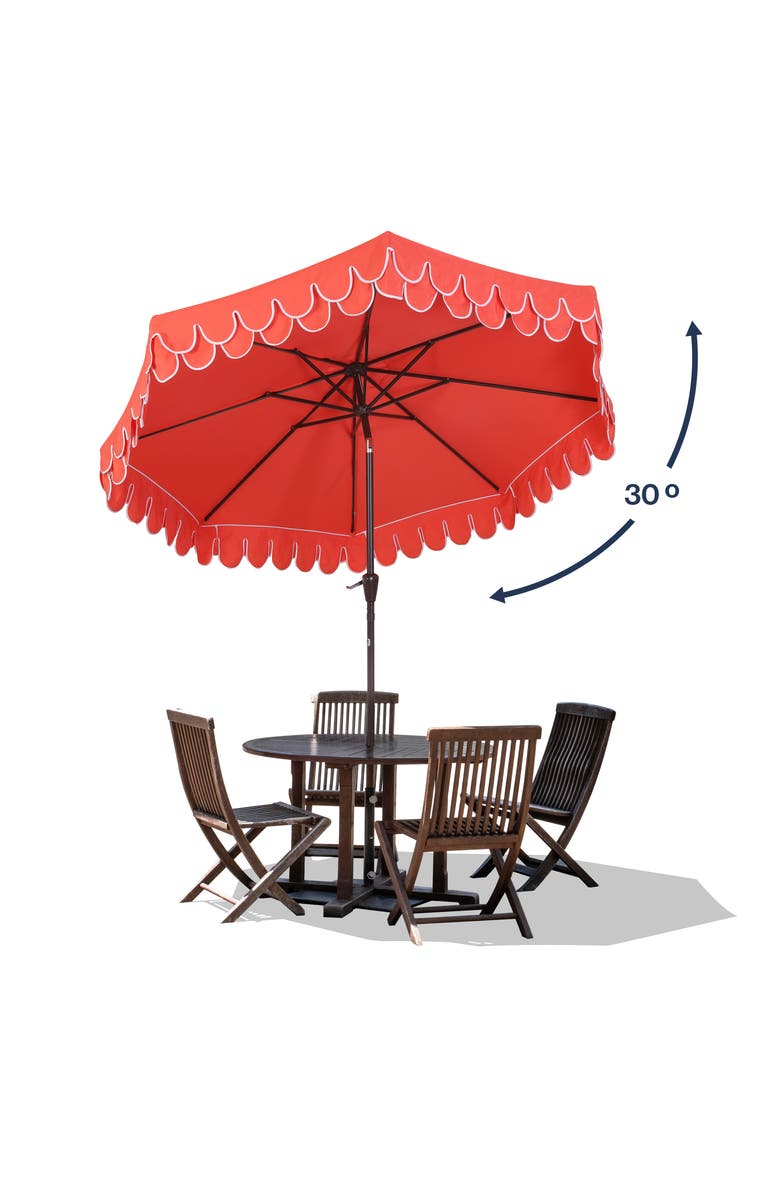 JONATHAN Y Tracy Coastal Octagon Outdoor Market Patio Umbrella with Scalloped Fringe, Crank Lift Tilt, Canopy, Pole, Alternate, color, Coral Red