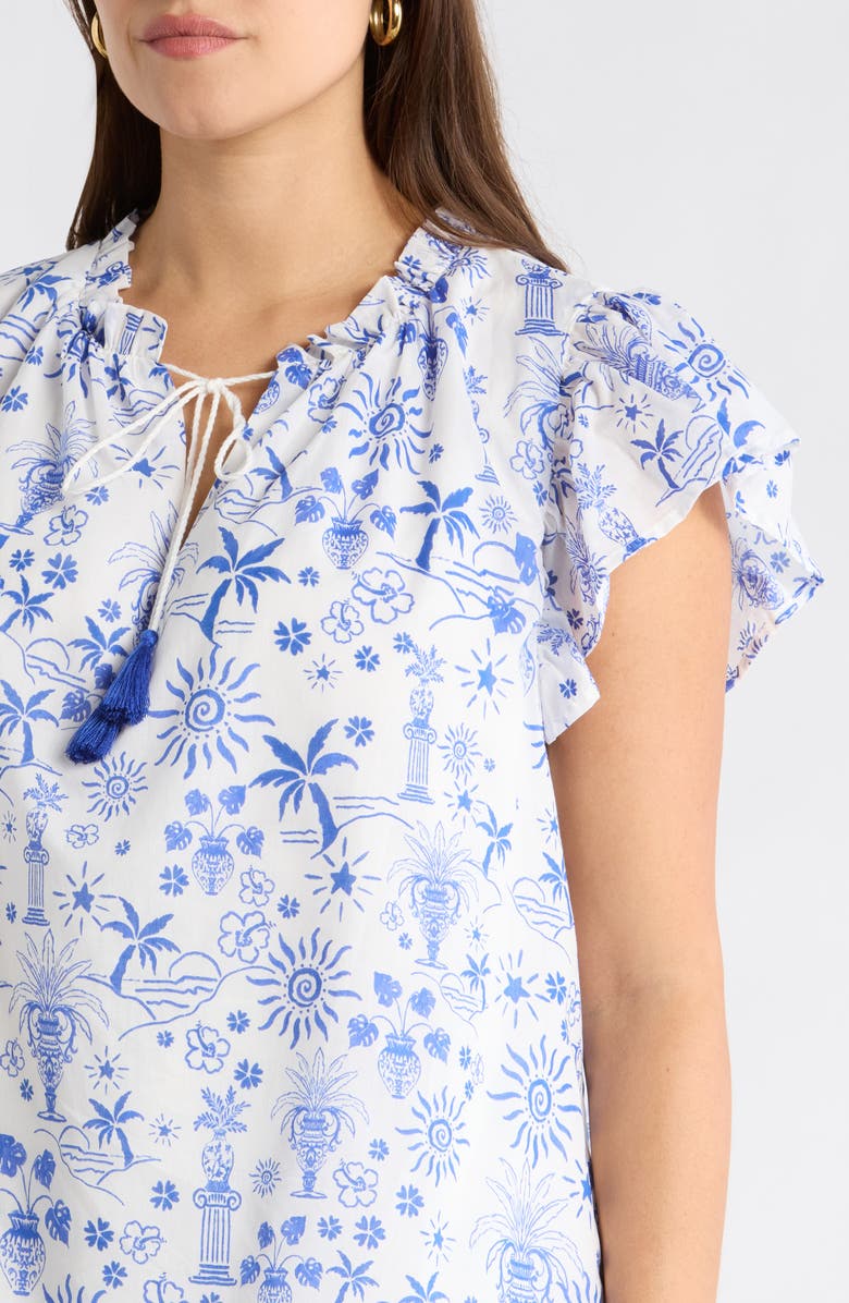 SUGARLIPS Azul Tropics Deniza Split Neck Top, Alternate, color, Blues White