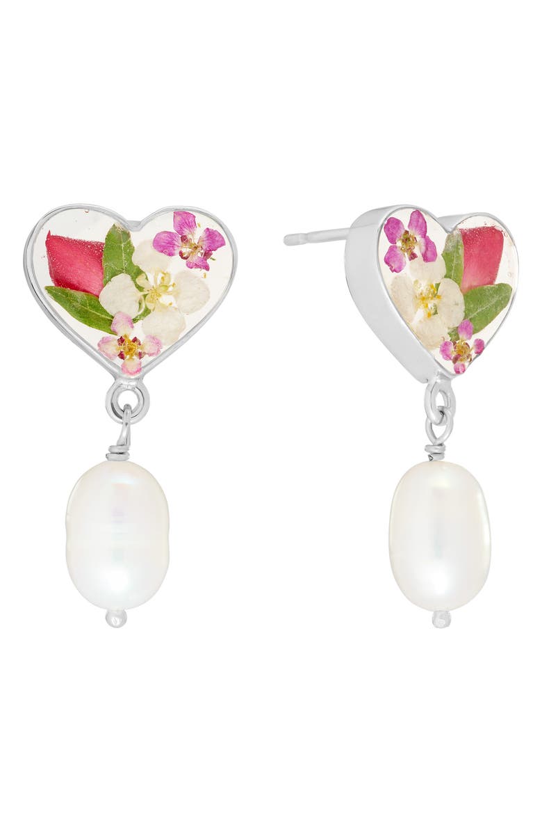 ATHRA LUXE Dried Flowers & Cultured Pearl Heart Drop Earrings, Main, color, Silver