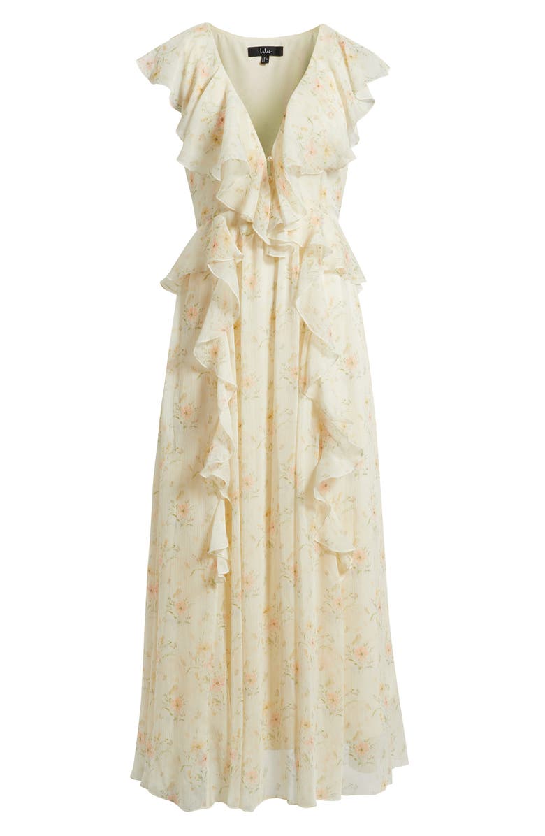 Lulus Bea Cascade Ruffle Midi Dress, Alternate, color, Ivory Multi