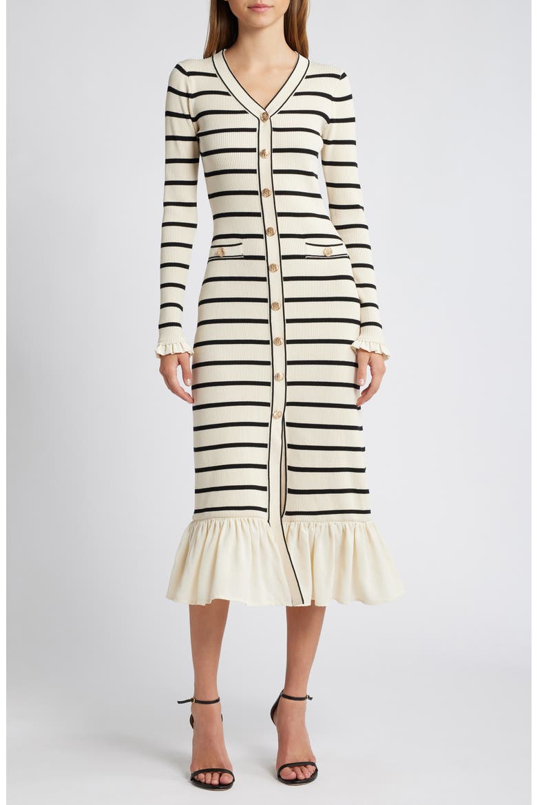 Stripe Ruffle Trim Long Sleeve Sweater Dress, Main, color, OATMEAL/ BLACK