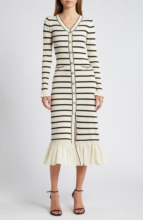 Stripe Ruffle Trim Long Sleeve Sweater Dress