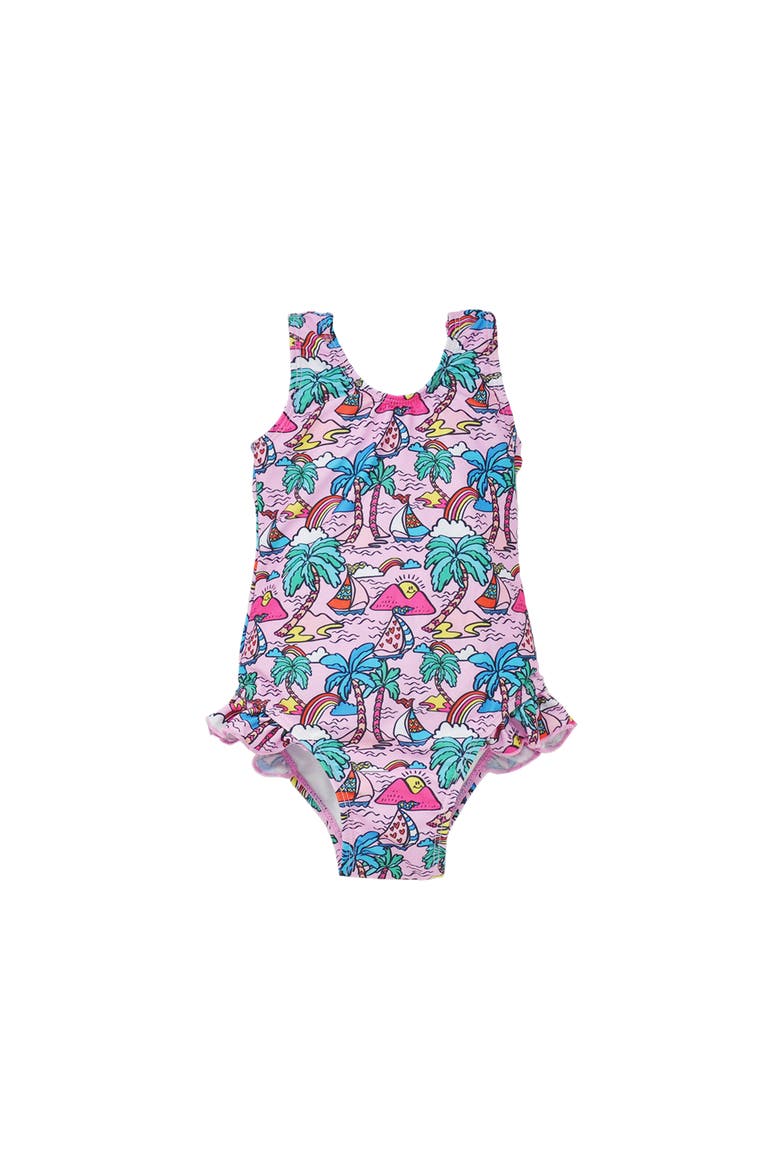 Girls Sun Protective UPF 50+ Delaney Hip Ruffle Swimsuit, Main, color, Island Doodles