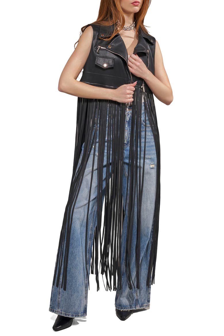 Arden Fringe Faux Leather Vest, Main, color, BLACK