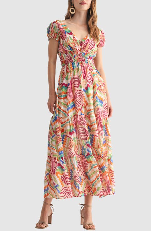 Abstract Print Smock Waist Tiered Cotton Blend Dress